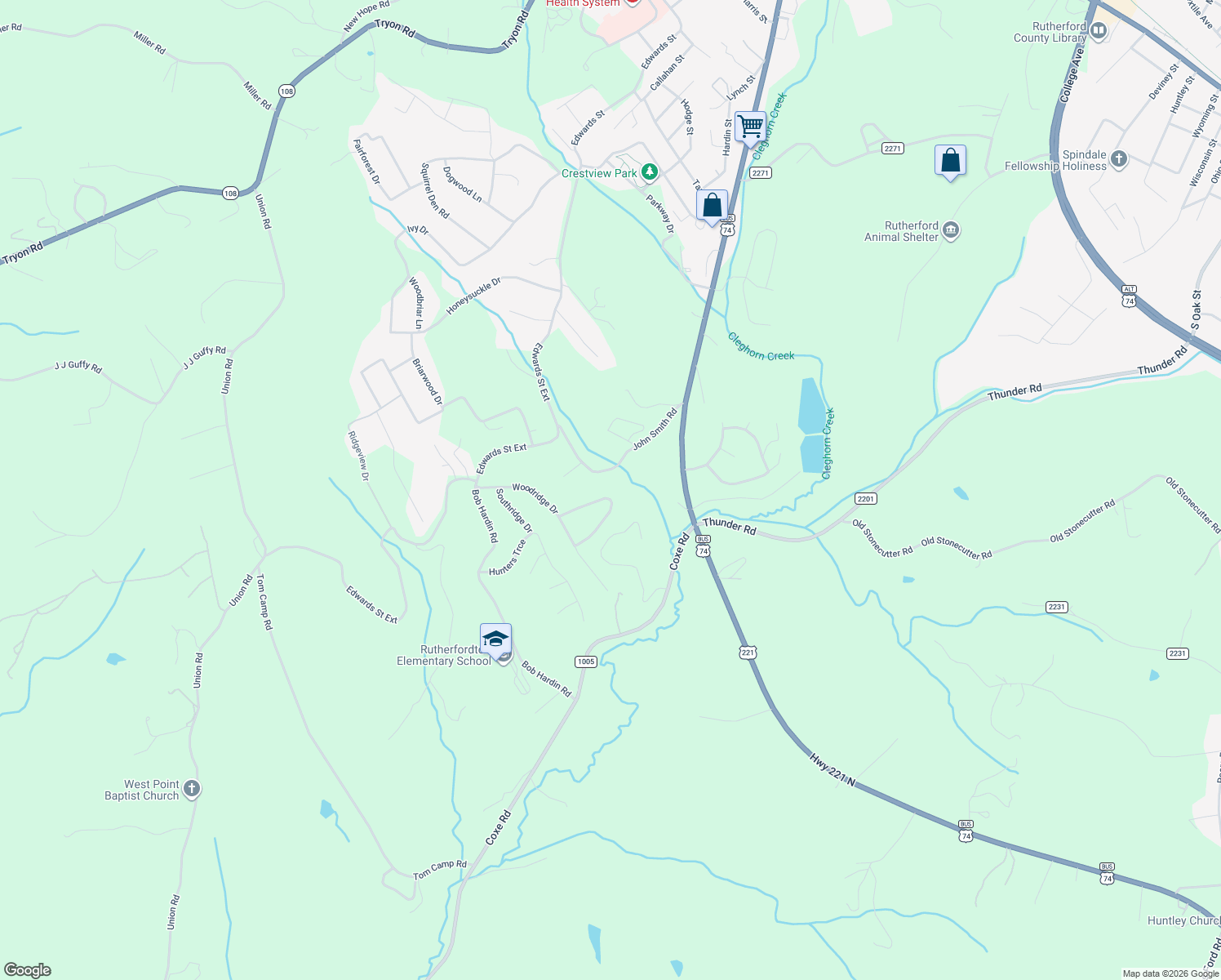 map of restaurants, bars, coffee shops, grocery stores, and more near 173 Beechtree Circle in Rutherfordton
