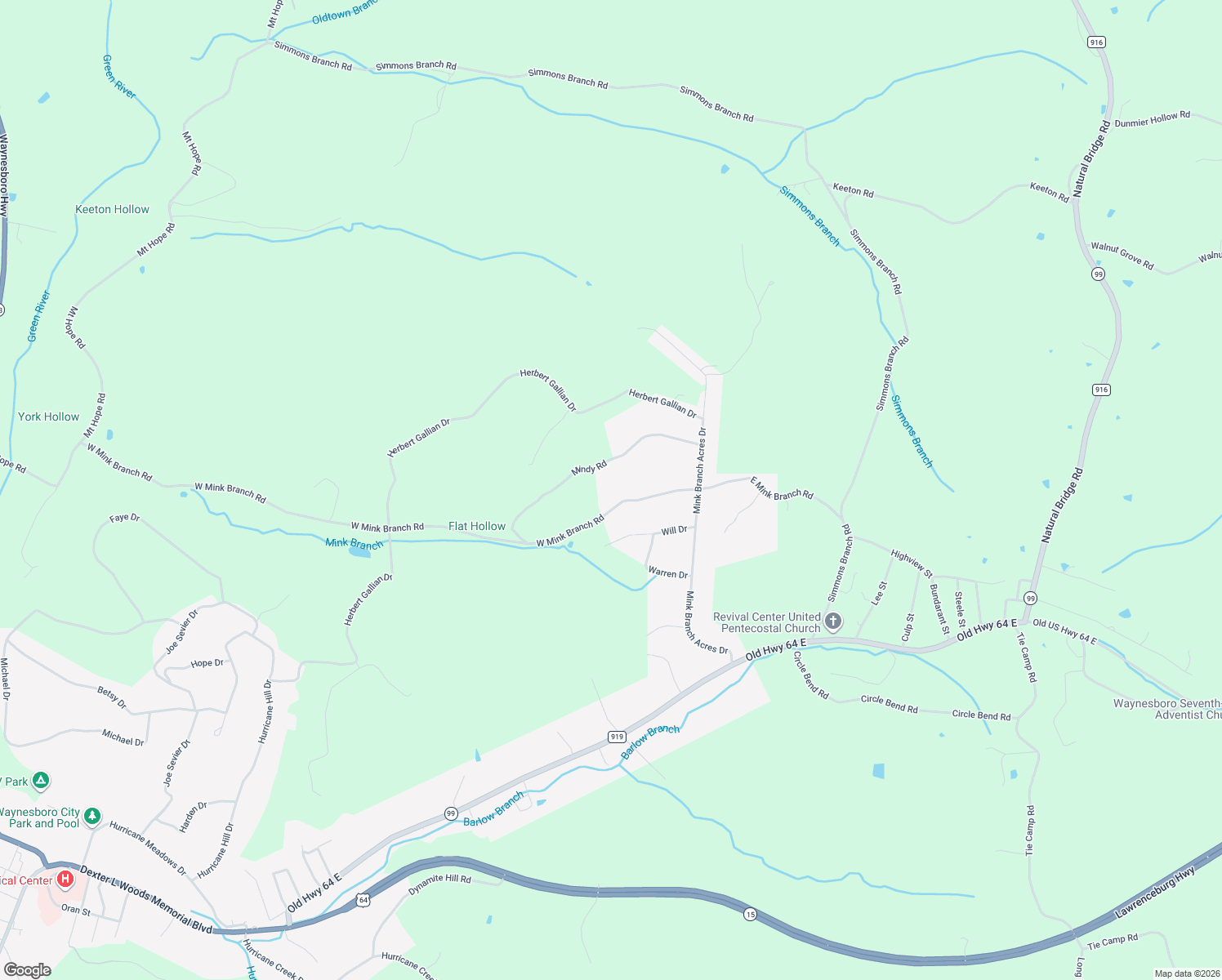 map of restaurants, bars, coffee shops, grocery stores, and more near 1135 West Mink Branch Road in Waynesboro
