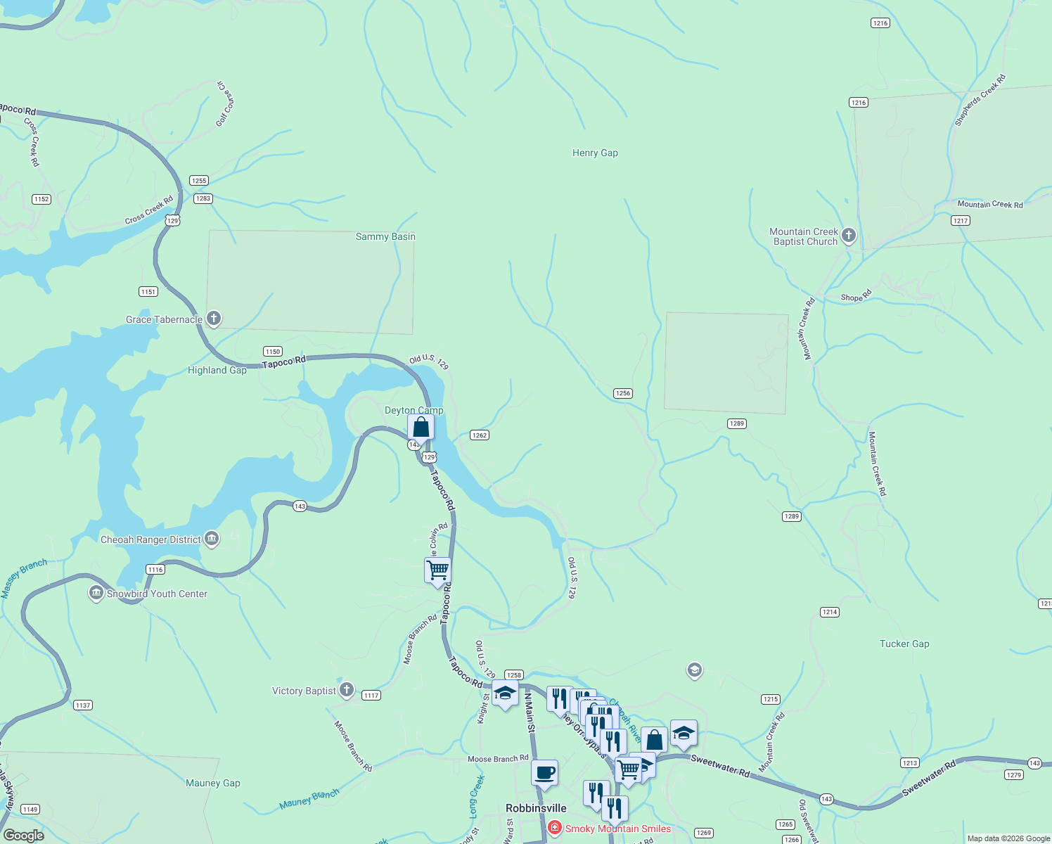 map of restaurants, bars, coffee shops, grocery stores, and more near 1218 Old U.S. 129 in Robbinsville