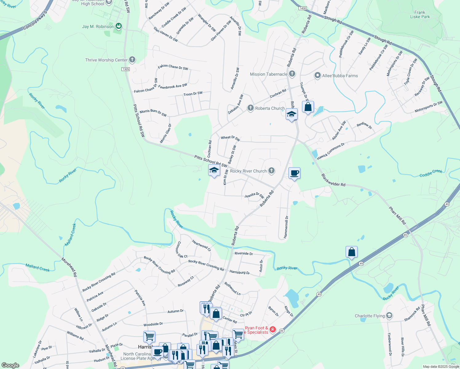 map of restaurants, bars, coffee shops, grocery stores, and more near 782 Treva Anne Drive Southwest in Concord