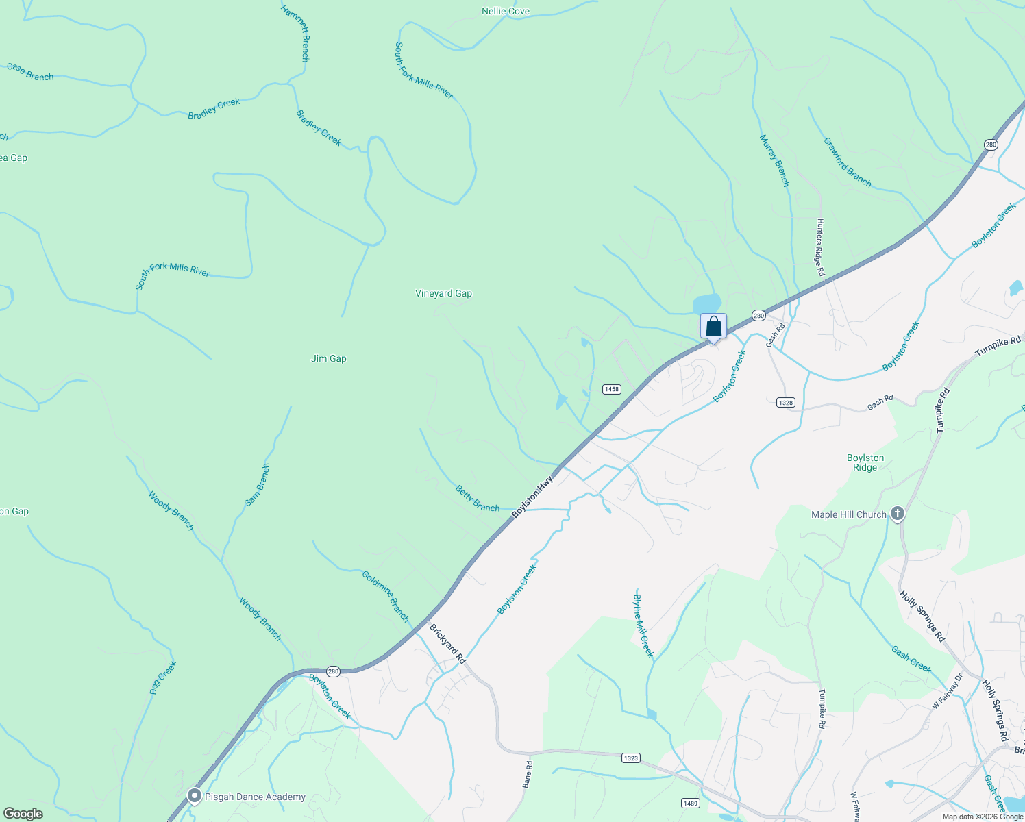 map of restaurants, bars, coffee shops, grocery stores, and more near 60 Banning Lane in Mills River