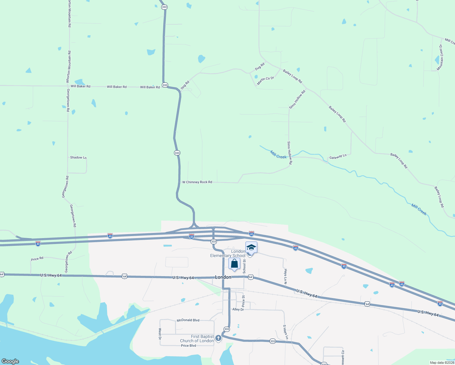 map of restaurants, bars, coffee shops, grocery stores, and more near 4090 West Chimney Rock Road in London