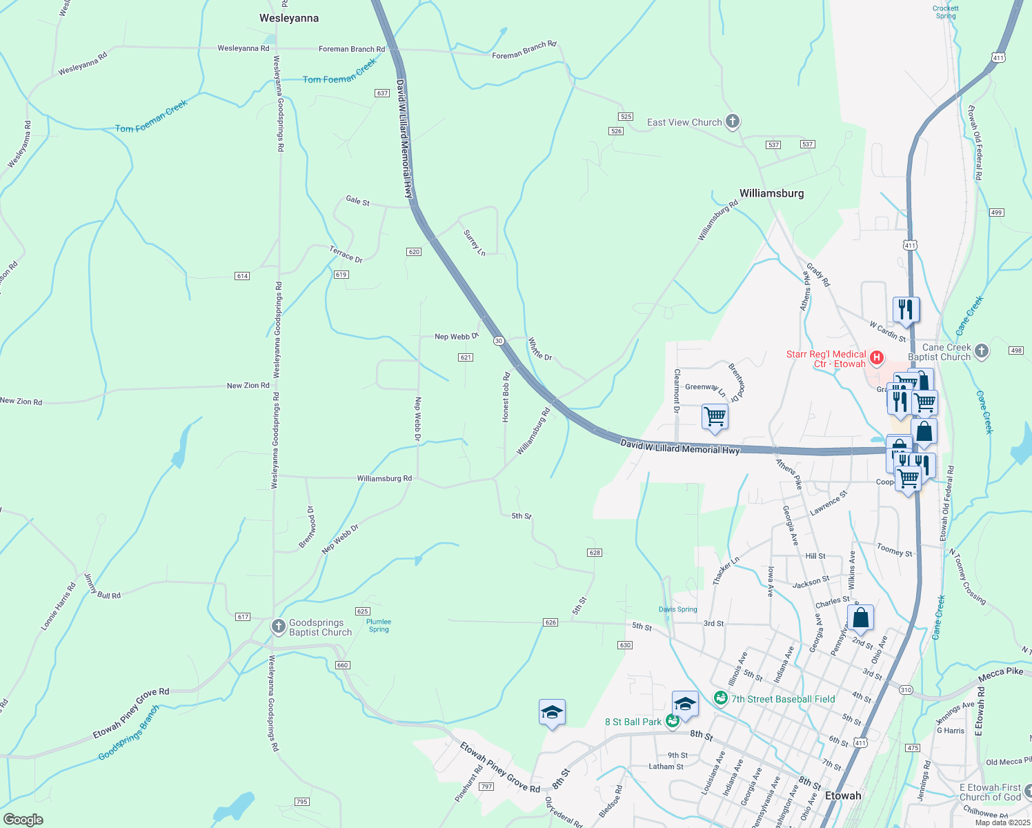 map of restaurants, bars, coffee shops, grocery stores, and more near 139 County Road 622 in Etowah