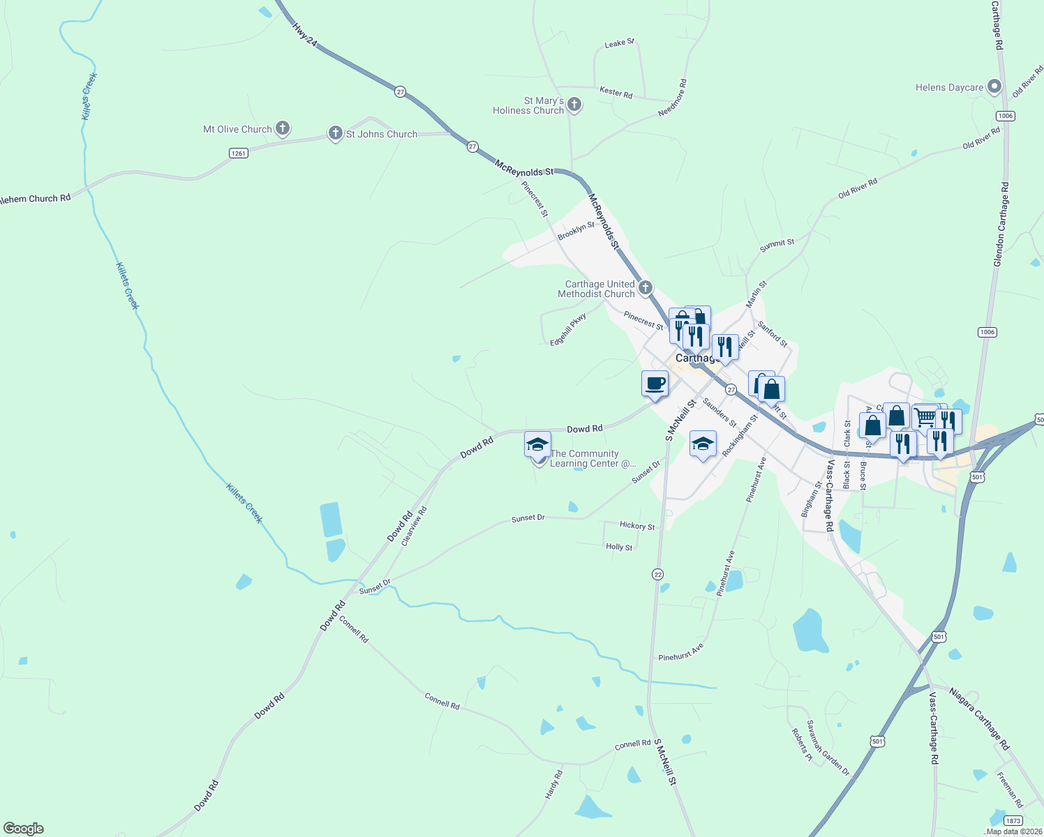 map of restaurants, bars, coffee shops, grocery stores, and more near 119 Ross Road in Carthage