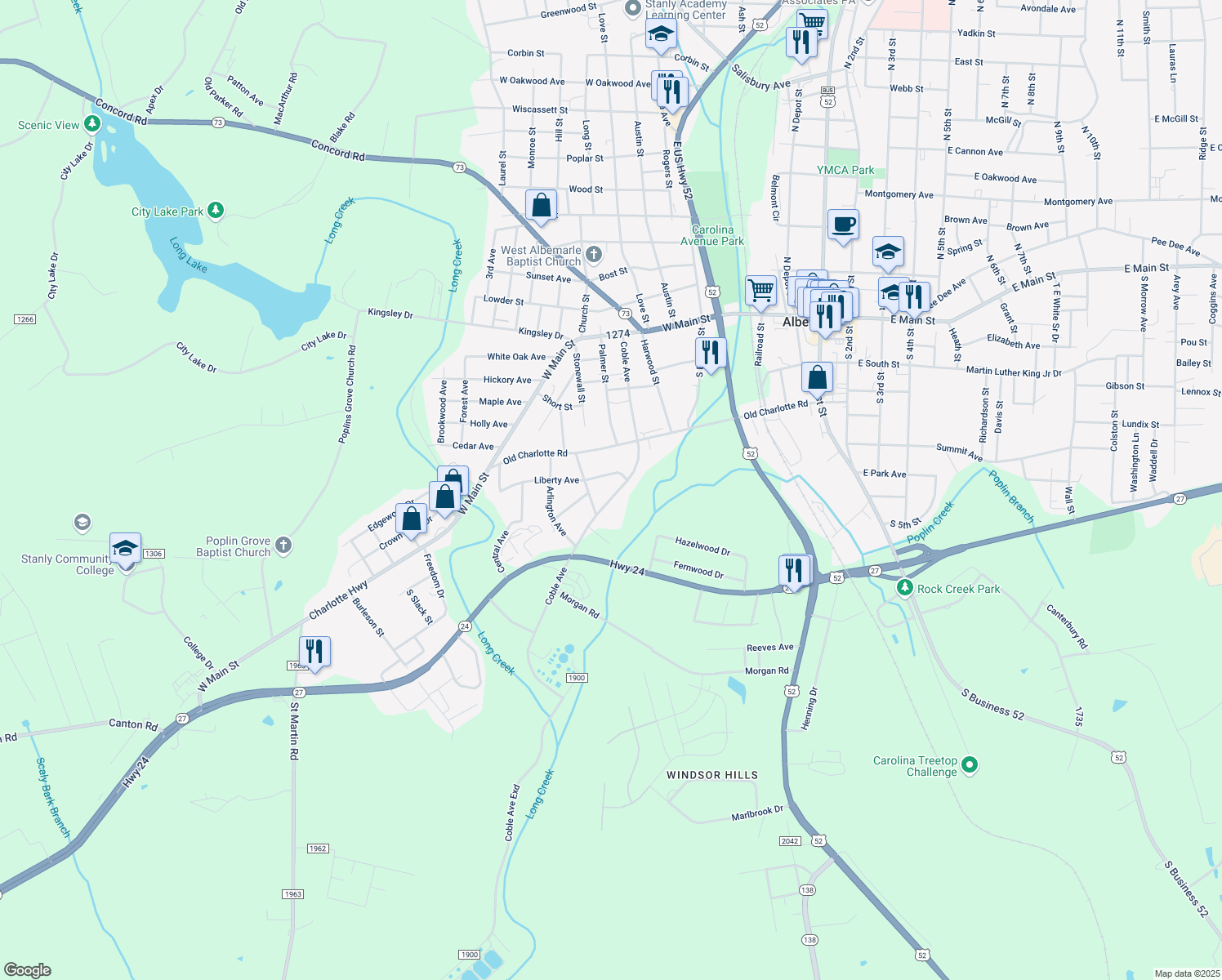map of restaurants, bars, coffee shops, grocery stores, and more near 614 Coble Avenue in Albemarle
