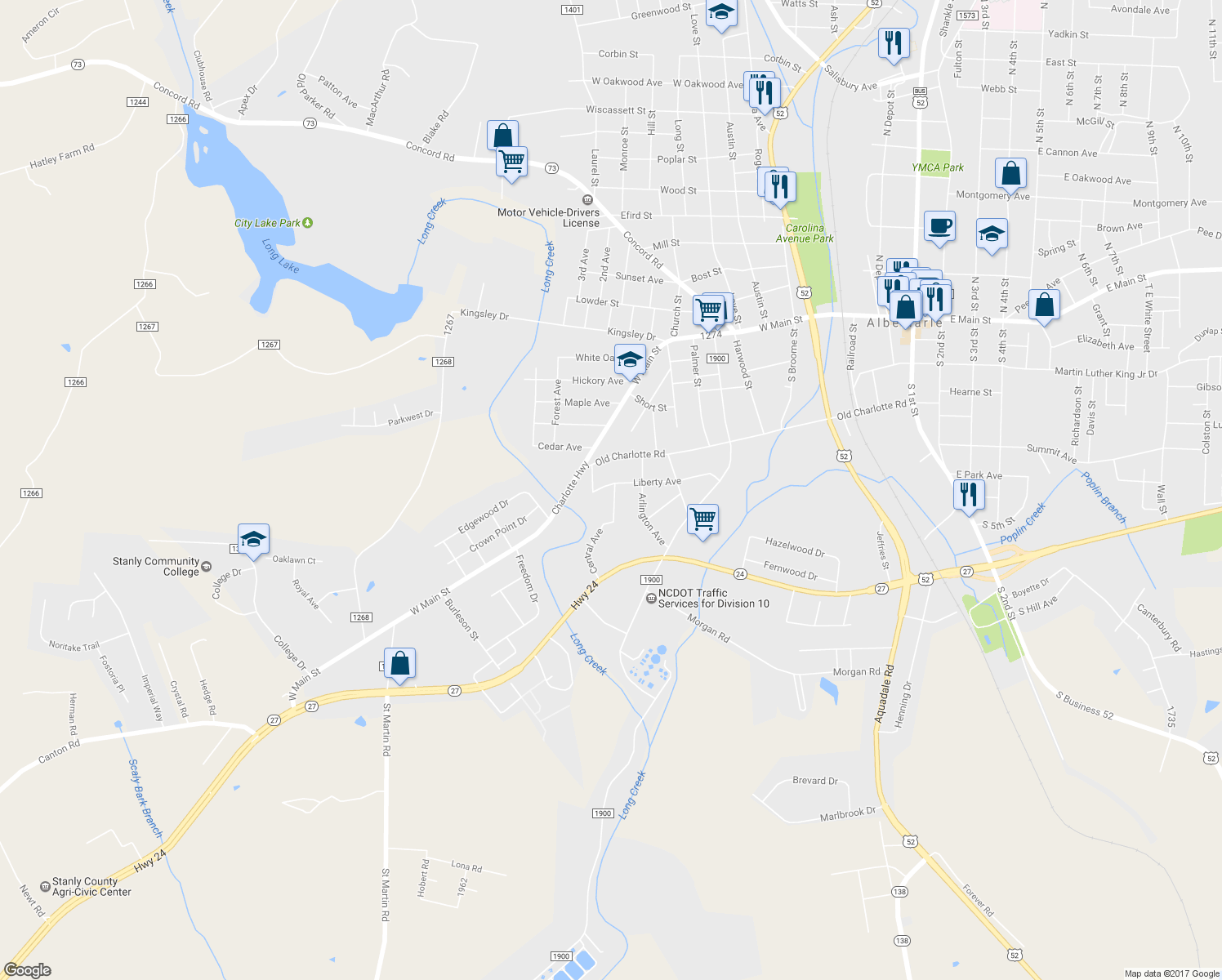 map of restaurants, bars, coffee shops, grocery stores, and more near 604 Central Avenue in Albemarle