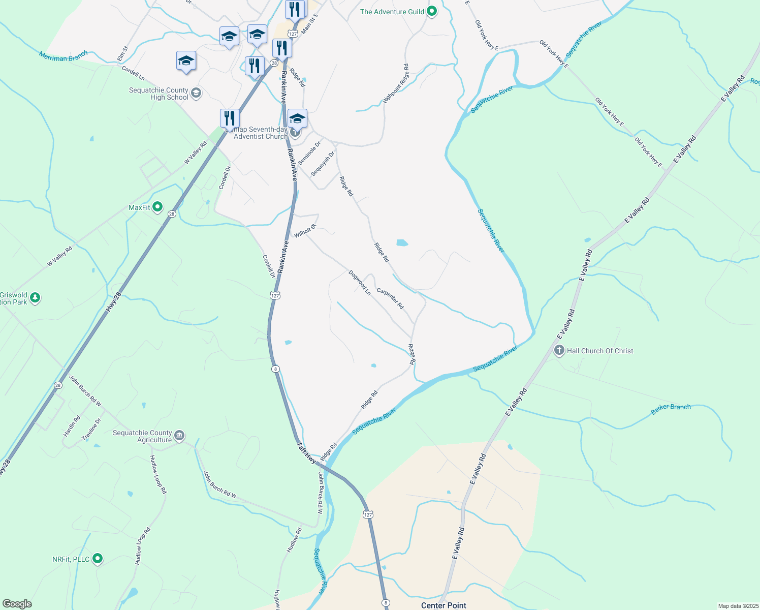 map of restaurants, bars, coffee shops, grocery stores, and more near 240 Dogwood Lane in Dunlap