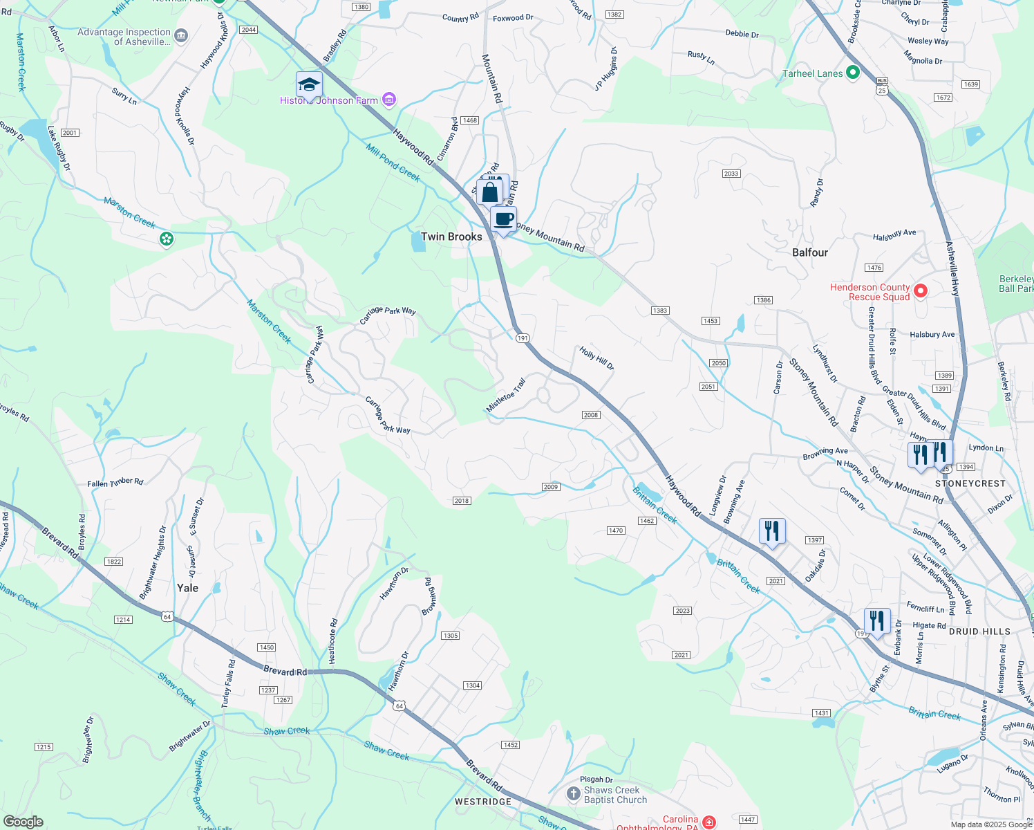 map of restaurants, bars, coffee shops, grocery stores, and more near 400 Mistletoe Trail in Hendersonville