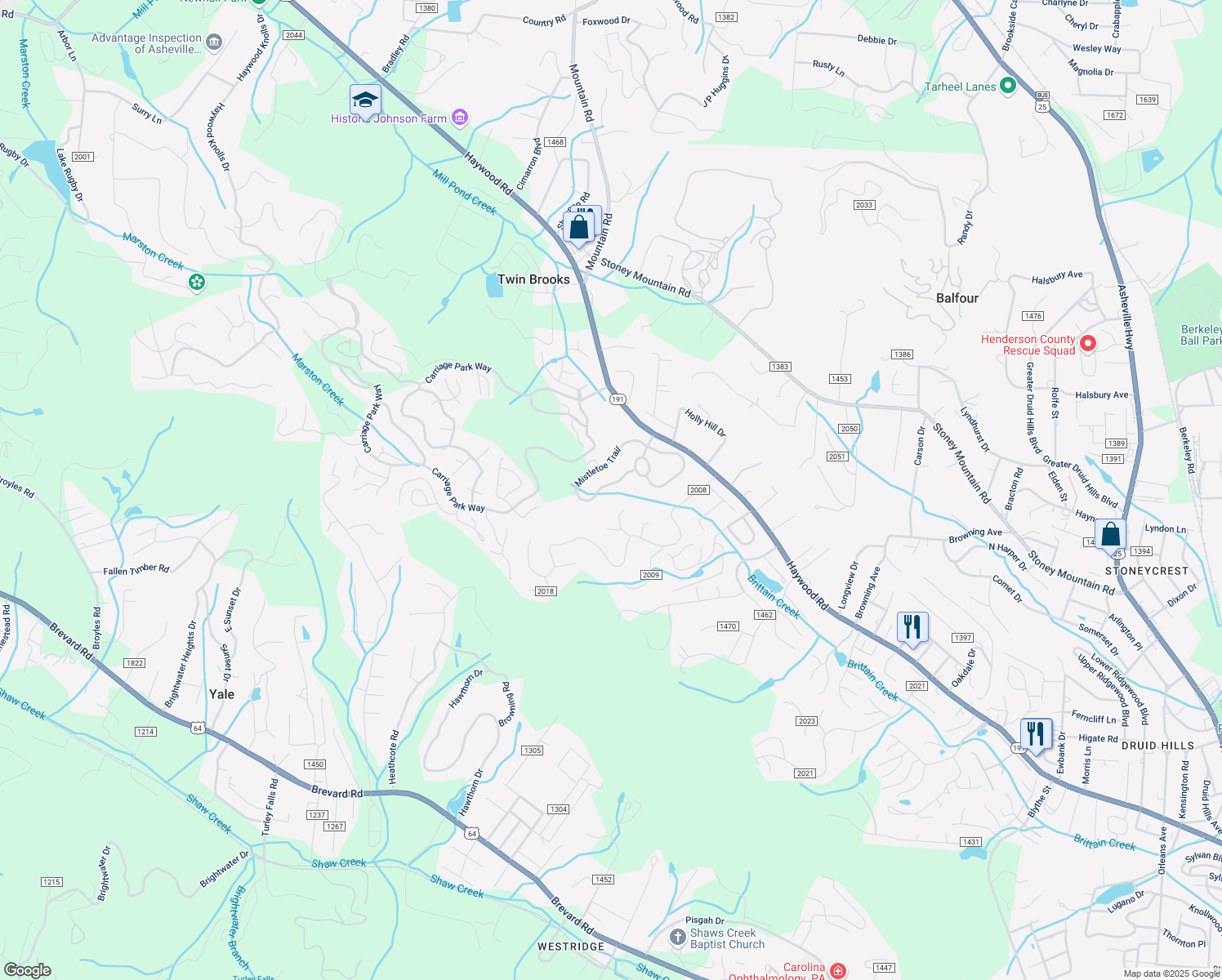 map of restaurants, bars, coffee shops, grocery stores, and more near 400 Mistletoe Trail in Hendersonville