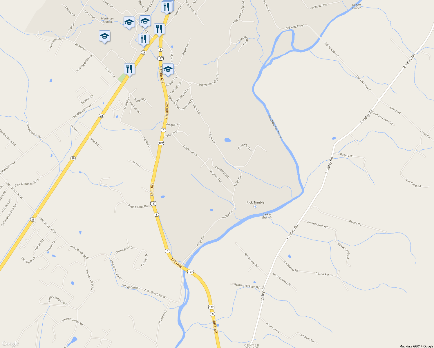 map of restaurants, bars, coffee shops, grocery stores, and more near 240 Dogwood Ln in Dunlap