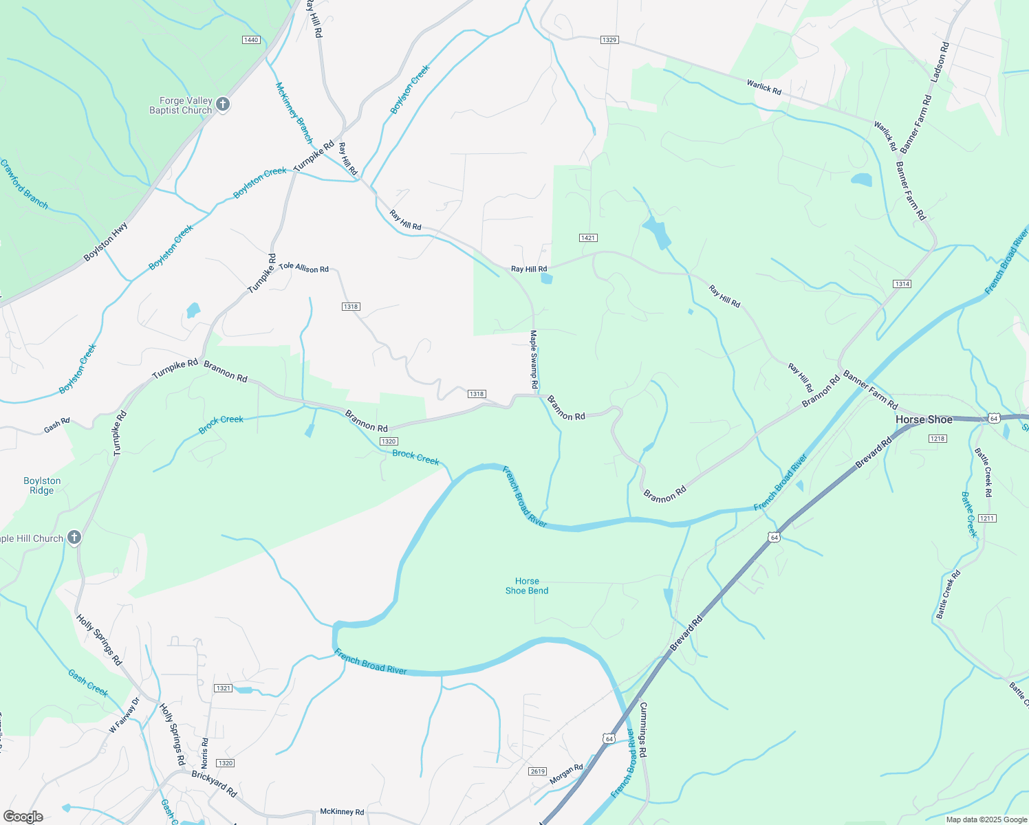 map of restaurants, bars, coffee shops, grocery stores, and more near 1693 Brannon Road in Horse Shoe