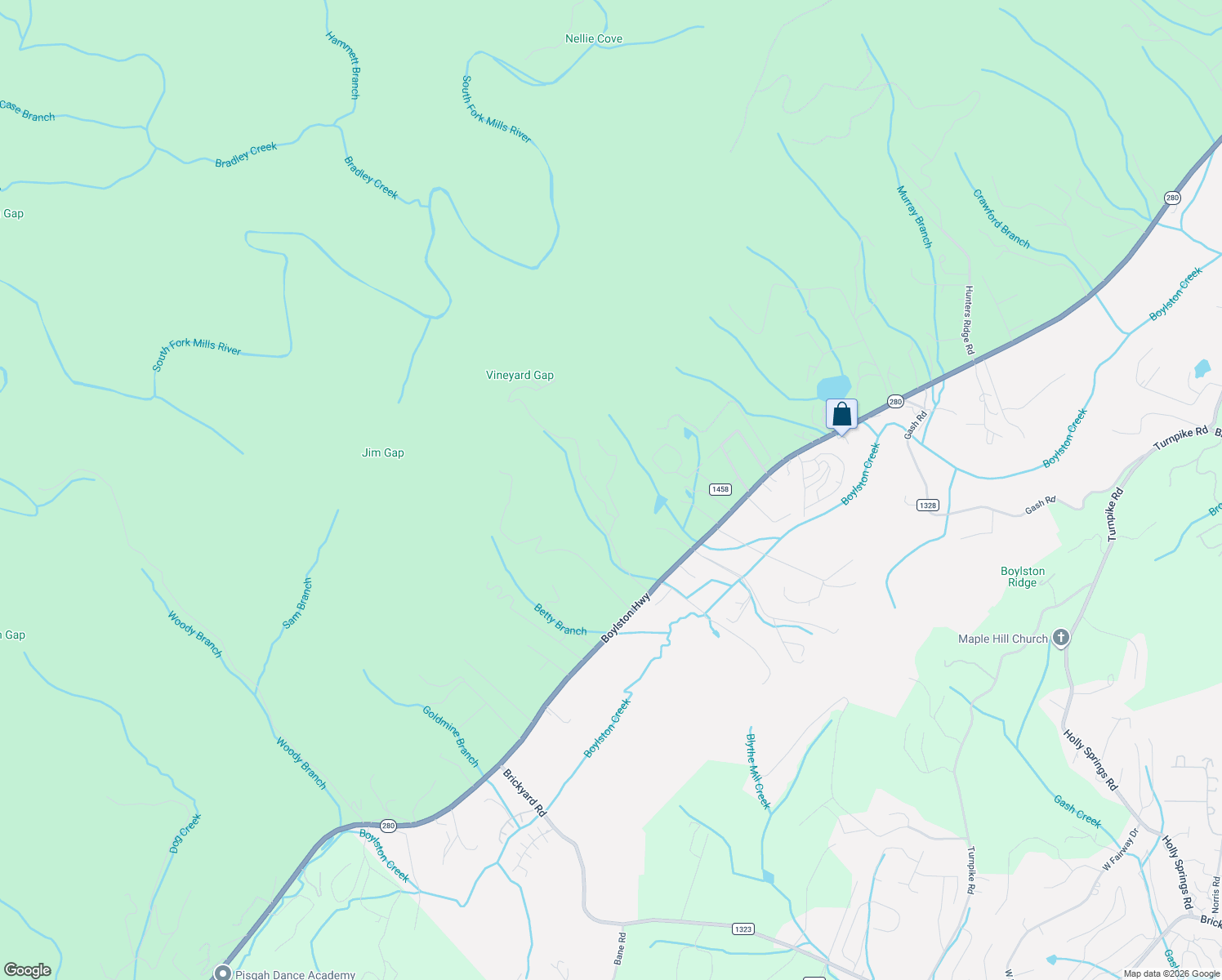 map of restaurants, bars, coffee shops, grocery stores, and more near 60 Banning Lane in Mills River