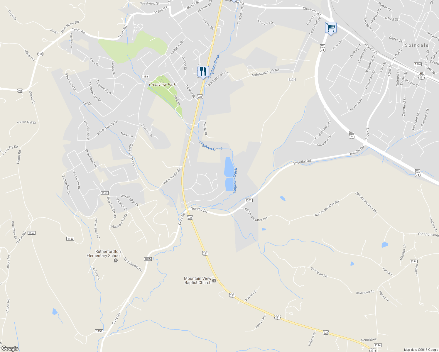 map of restaurants, bars, coffee shops, grocery stores, and more near 138 Saint John Street in Rutherfordton