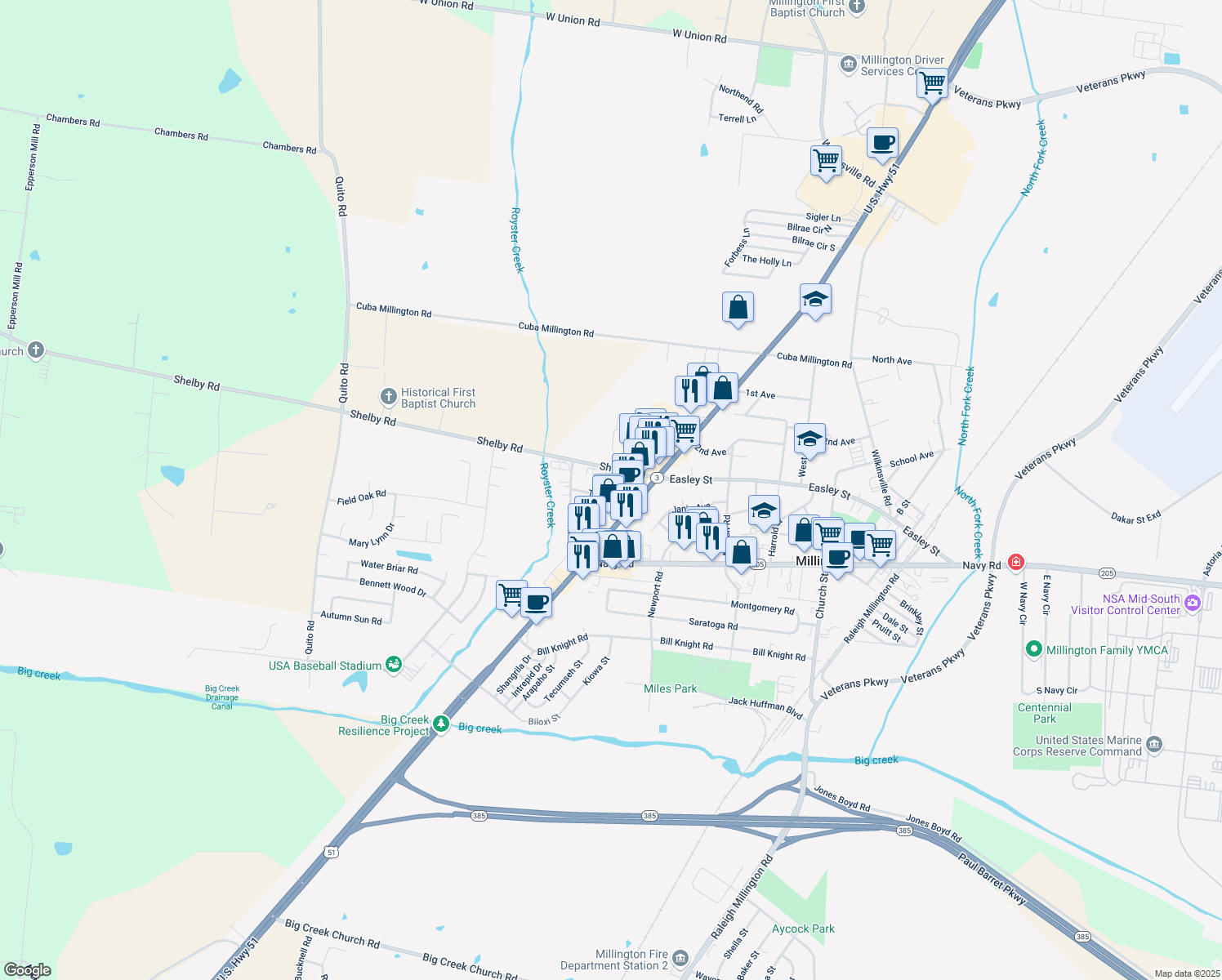 map of restaurants, bars, coffee shops, grocery stores, and more near 4630 Talley Road in Millington