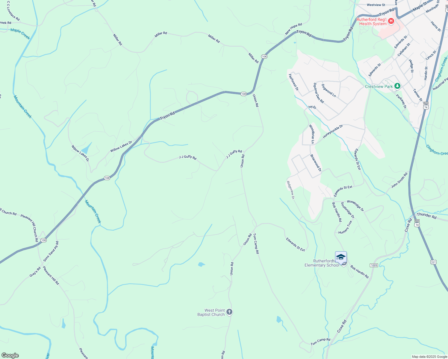 map of restaurants, bars, coffee shops, grocery stores, and more near Red Bud Lane in Rutherfordton