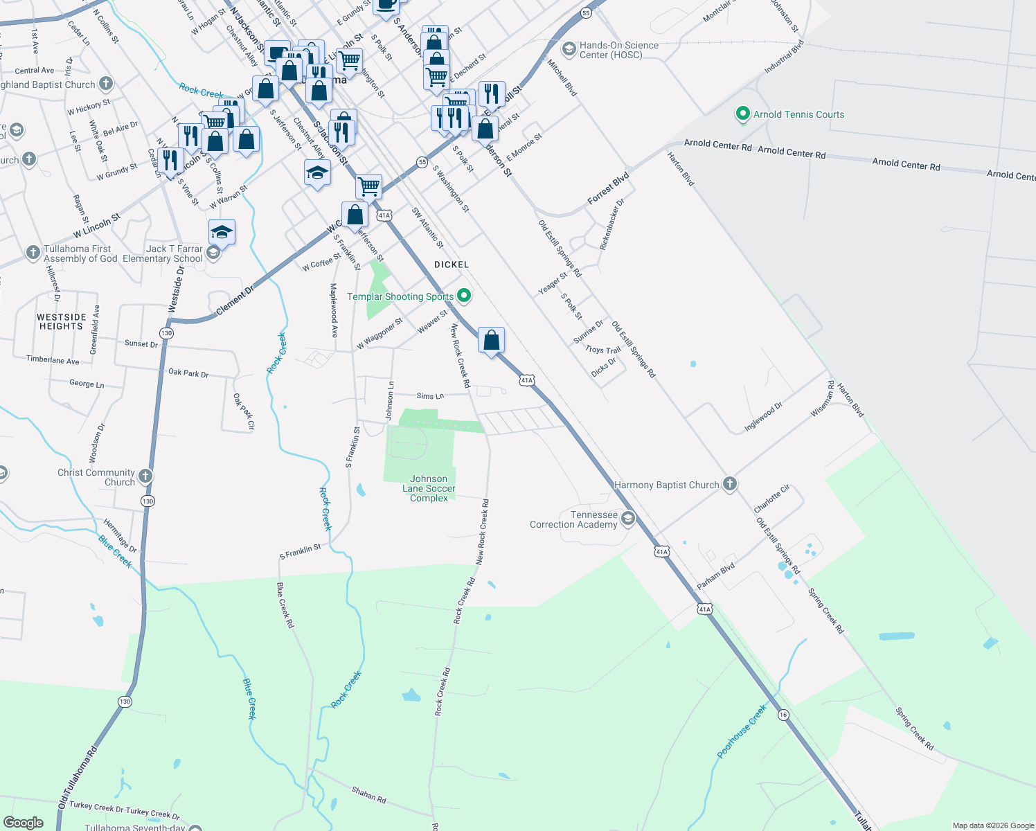 map of restaurants, bars, coffee shops, grocery stores, and more near Vocational Lane in Tullahoma