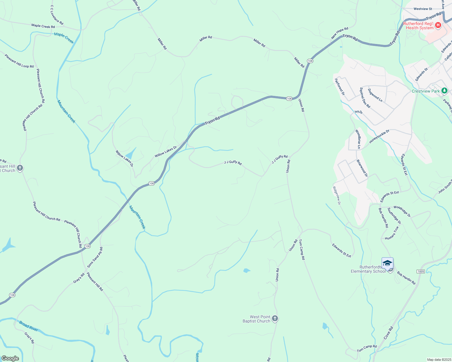map of restaurants, bars, coffee shops, grocery stores, and more near 500 J J Guffy Road in Rutherfordton