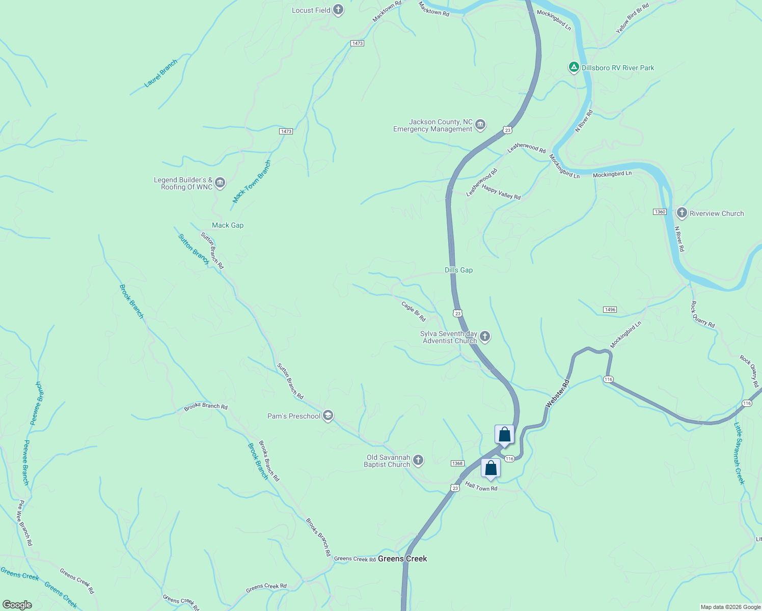map of restaurants, bars, coffee shops, grocery stores, and more near 362-373 Cagle Bridge Road in Sylva