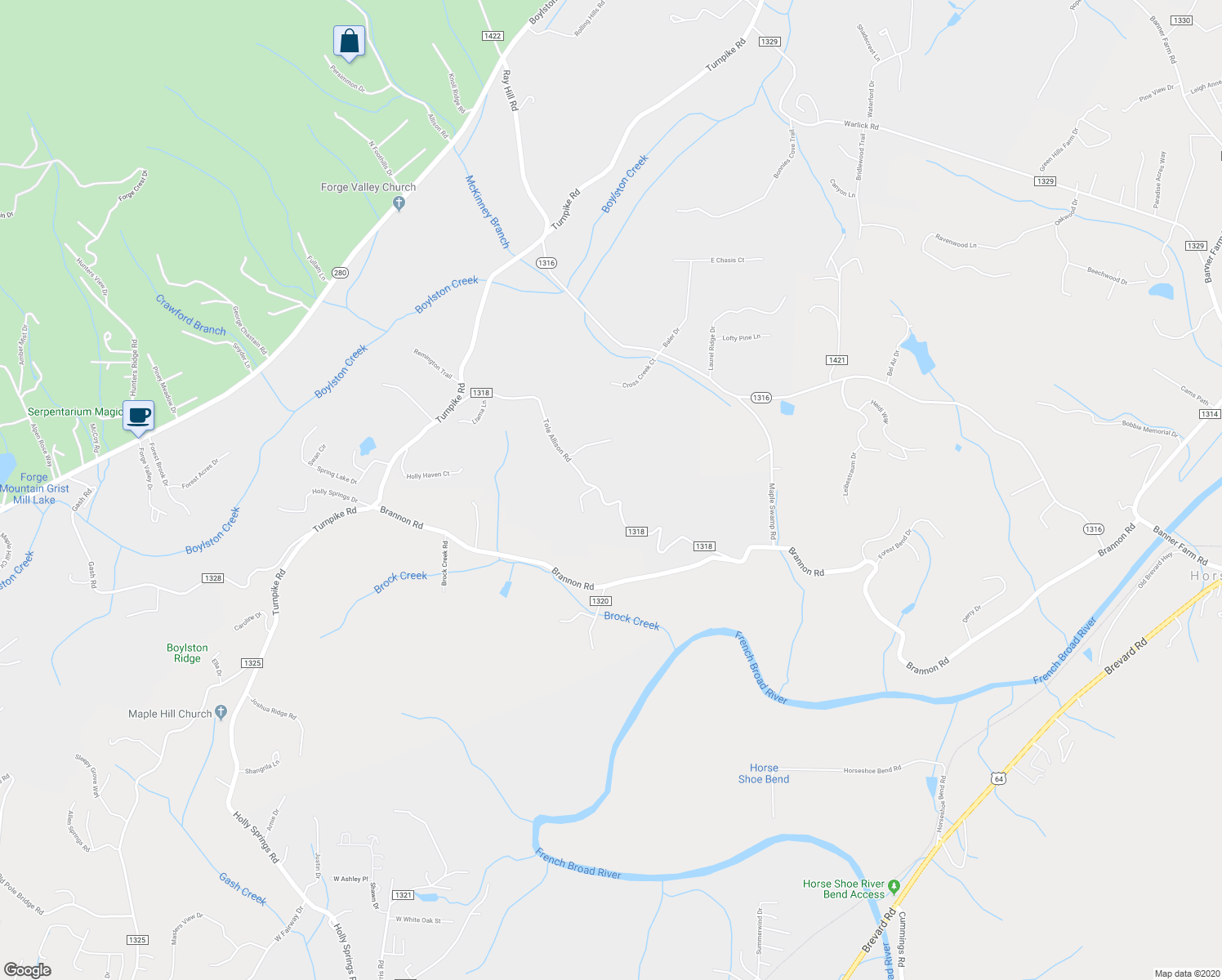 map of restaurants, bars, coffee shops, grocery stores, and more near 594 Tole Allison Road in Mills River
