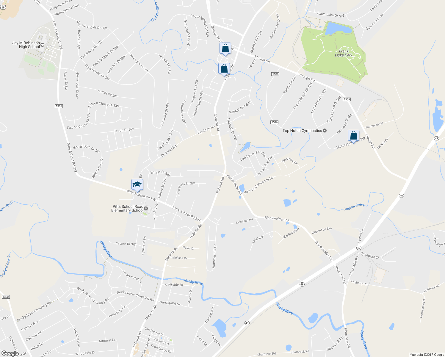 map of restaurants, bars, coffee shops, grocery stores, and more near 4990 Roberta Road in Concord