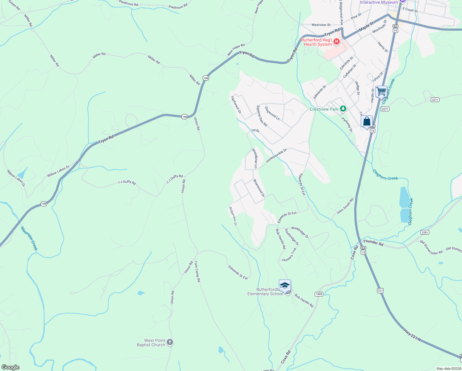 map of restaurants, bars, coffee shops, grocery stores, and more near 130 Brightmore Circle in Rutherfordton