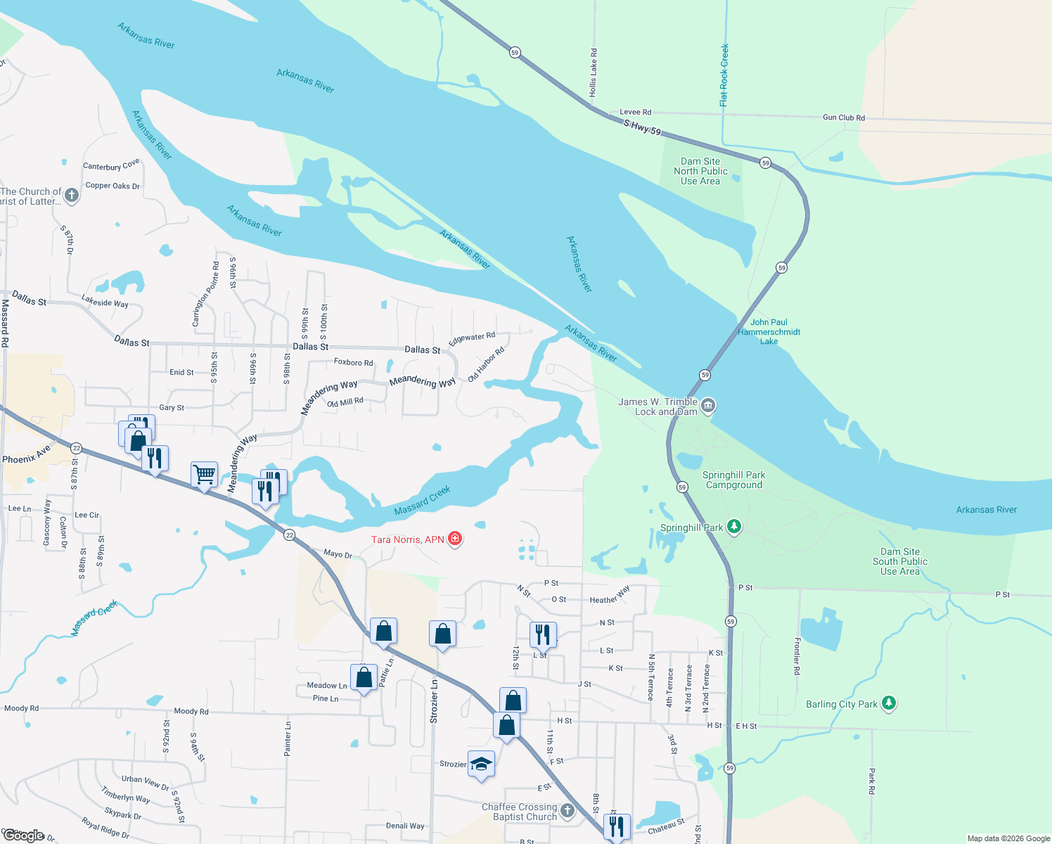 map of restaurants, bars, coffee shops, grocery stores, and more near 11098 Hunters Point Rd in Fort Smith