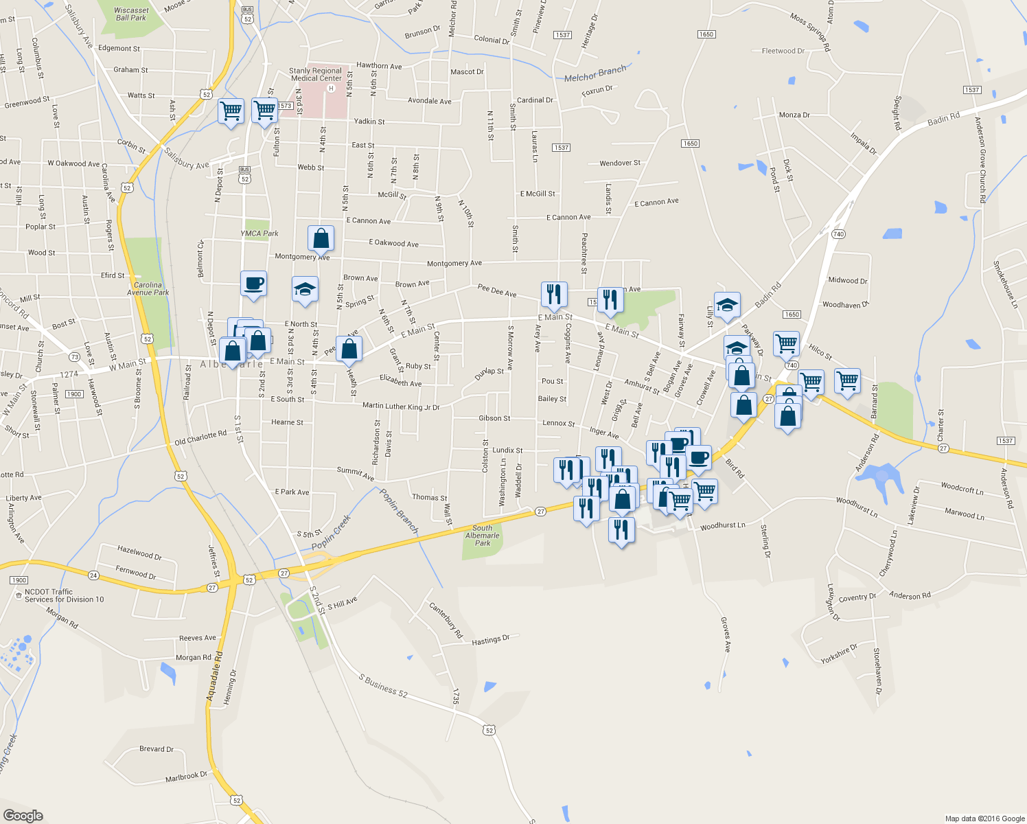 map of restaurants, bars, coffee shops, grocery stores, and more near 1101 Gibson St in Albemarle
