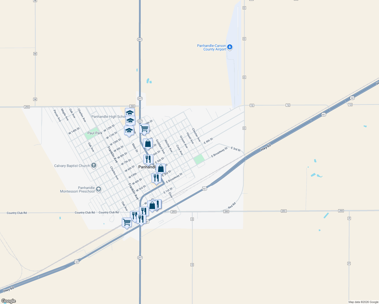 map of restaurants, bars, coffee shops, grocery stores, and more near 398 Groom Avenue in Panhandle