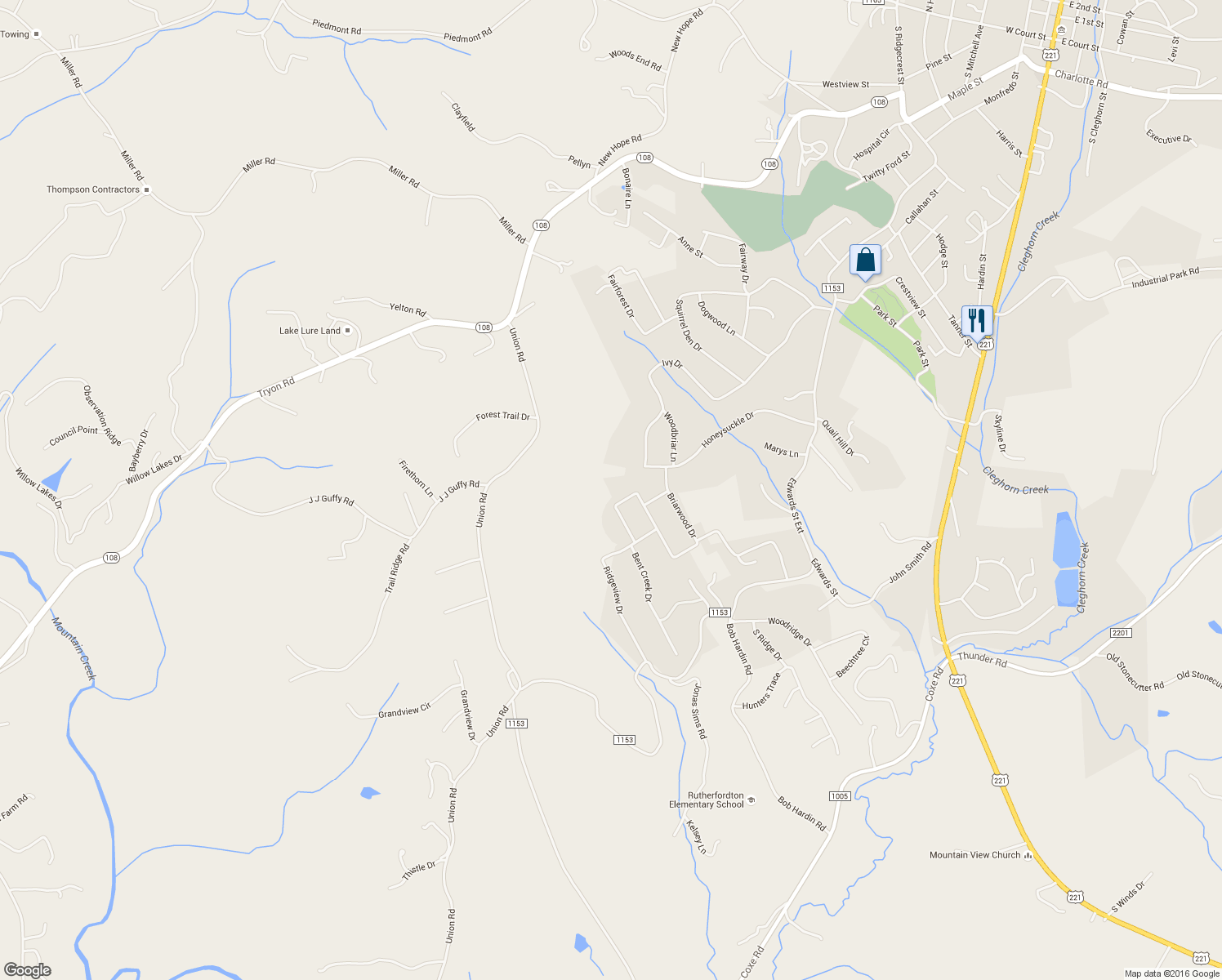 map of restaurants, bars, coffee shops, grocery stores, and more near 130 Brightmore Circle in Rutherfordton