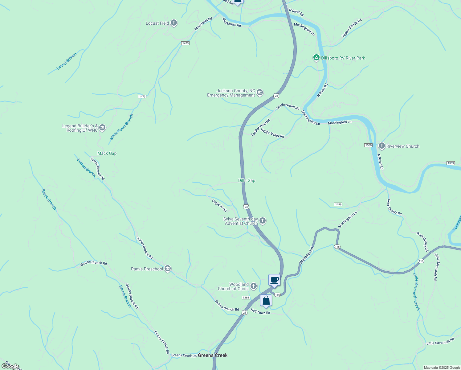 map of restaurants, bars, coffee shops, grocery stores, and more near 105 Cagle Bridge Road in Sylva