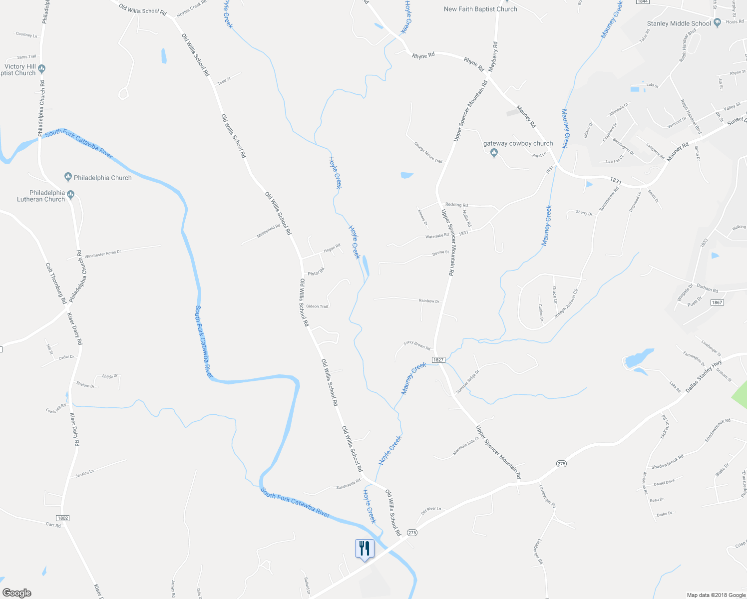 map of restaurants, bars, coffee shops, grocery stores, and more near 211 Rainbow Drive in Stanley