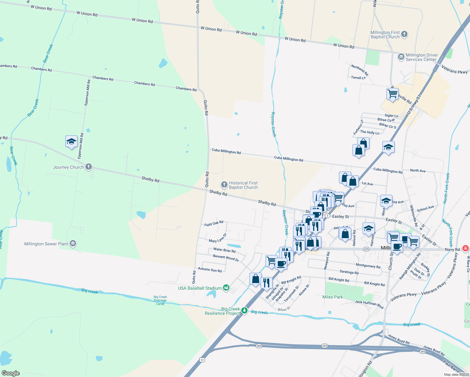 map of restaurants, bars, coffee shops, grocery stores, and more near 4332 Shelby Rd in Millington