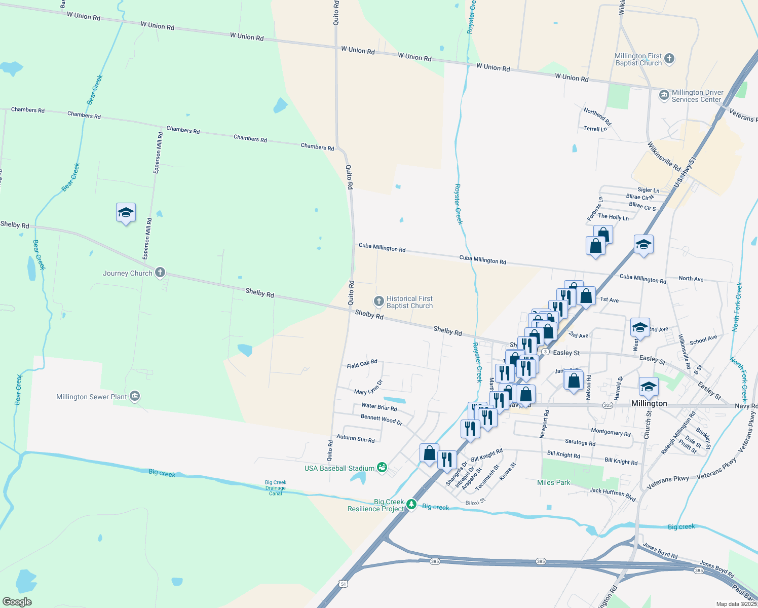 map of restaurants, bars, coffee shops, grocery stores, and more near 4284 Shelby Rd in Millington