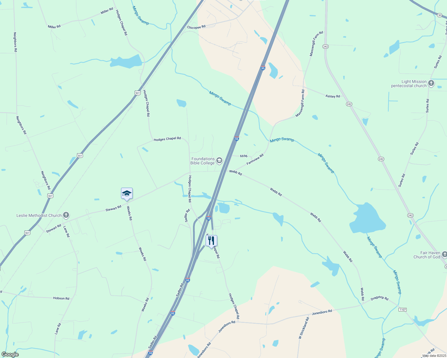map of restaurants, bars, coffee shops, grocery stores, and more near Robin Hood Road in Dunn