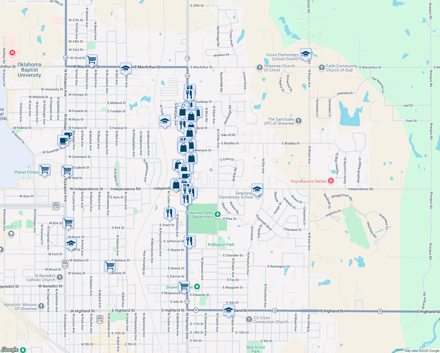 map of restaurants, bars, coffee shops, grocery stores, and more near 1201 E Monroe Dr in Shawnee