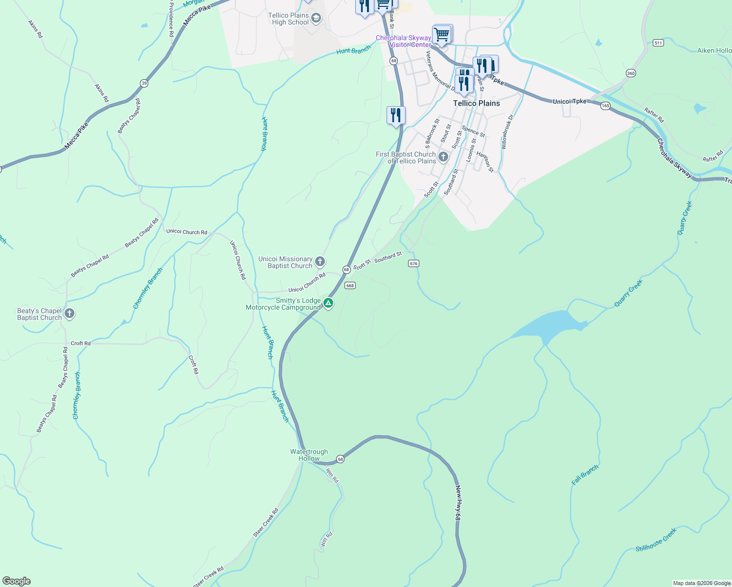map of restaurants, bars, coffee shops, grocery stores, and more near 155 John Kirkland Road in Tellico Plains