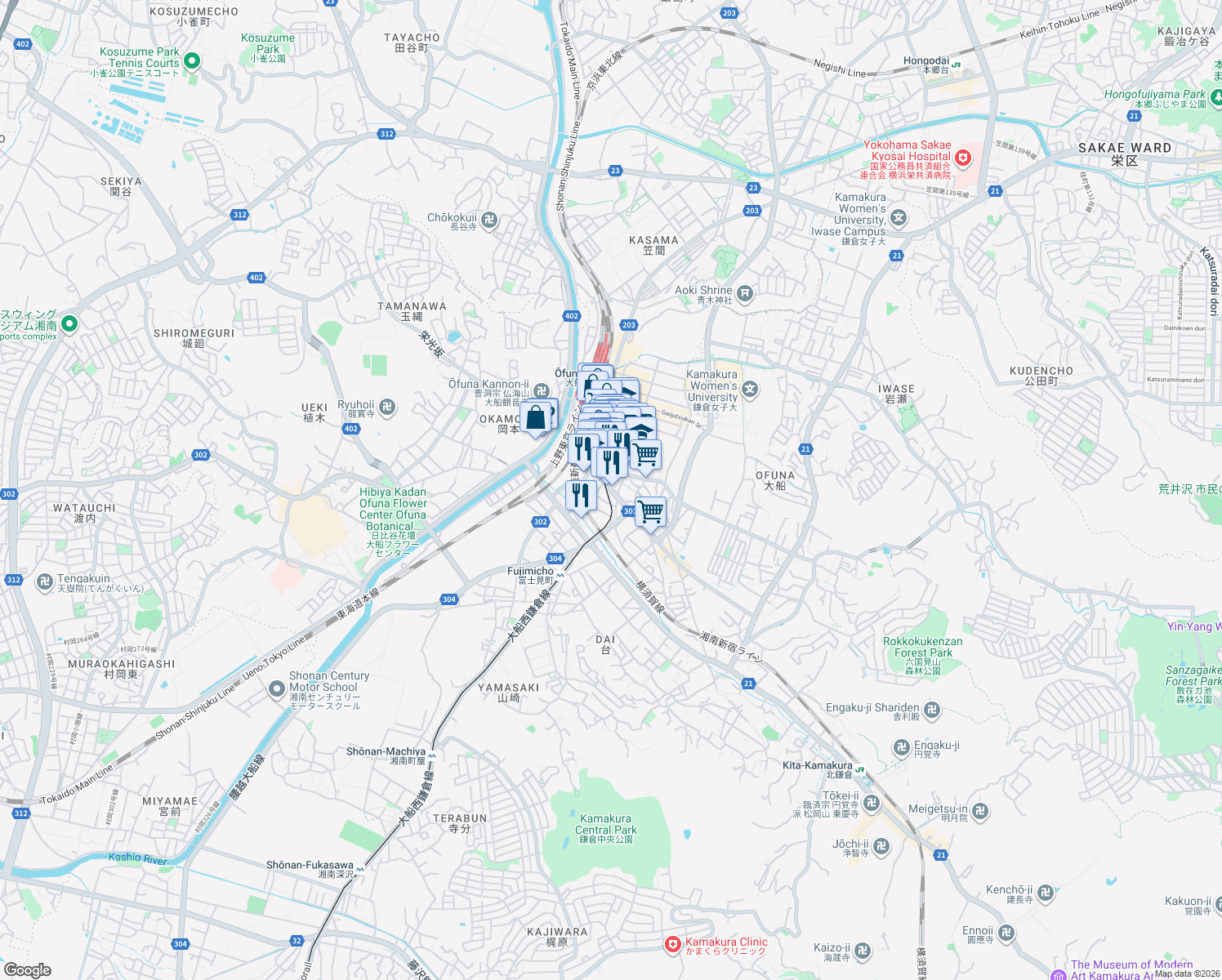map of restaurants, bars, coffee shops, grocery stores, and more near 県道301号線 in Kamakura