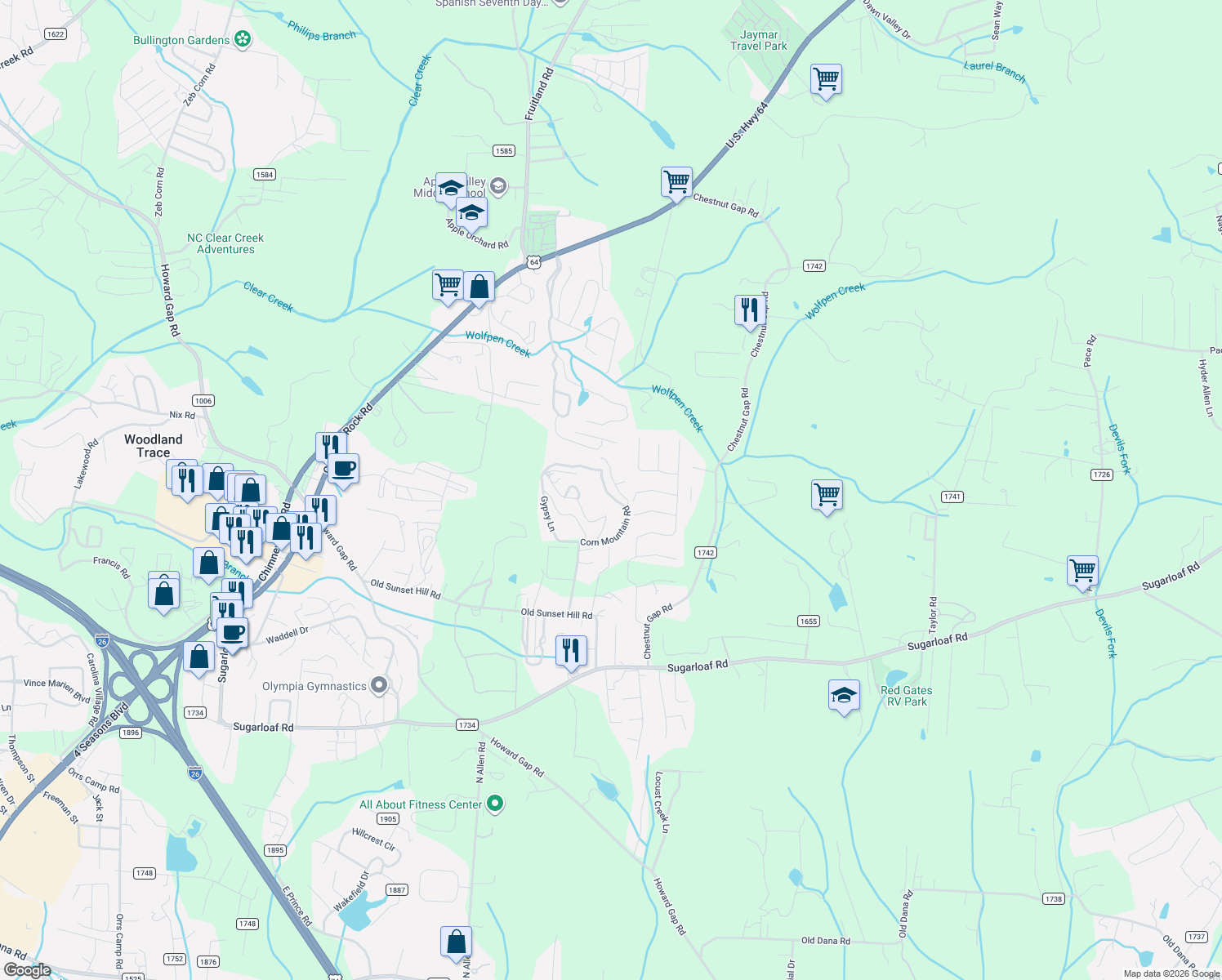 map of restaurants, bars, coffee shops, grocery stores, and more near 91 Quiet Pine Lane in Hendersonville