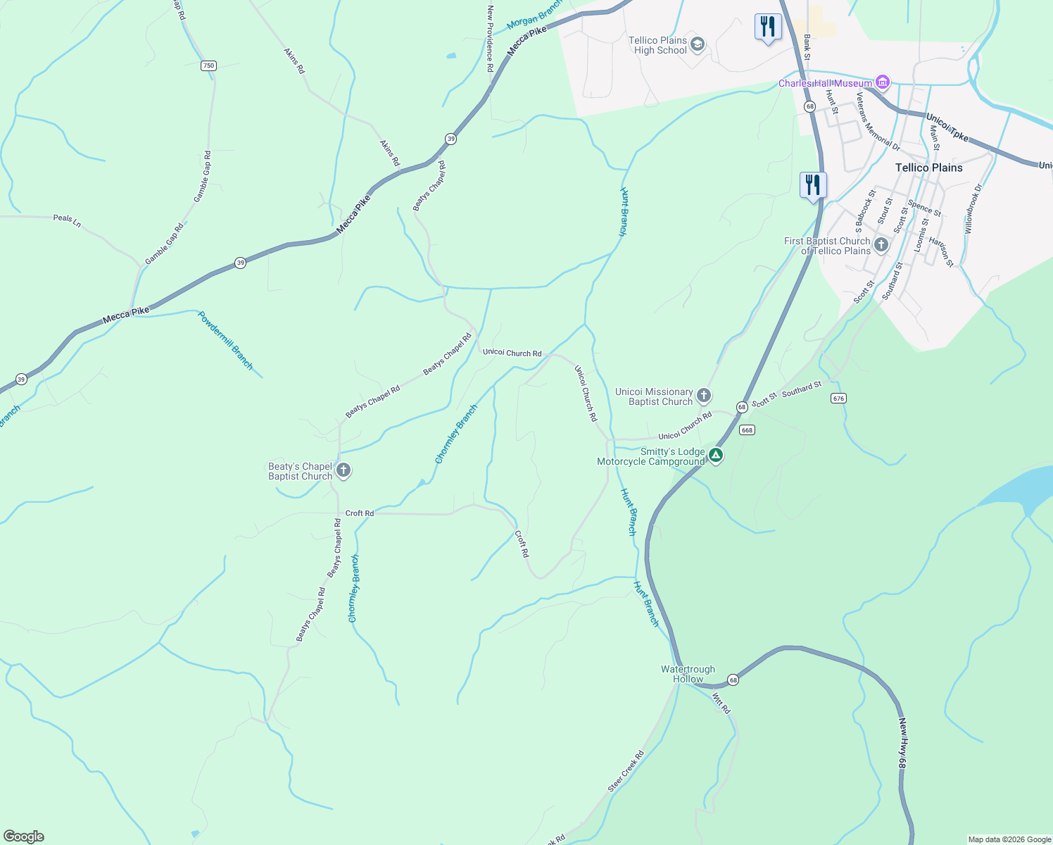 map of restaurants, bars, coffee shops, grocery stores, and more near 255 County Road 662 in Tellico Plains