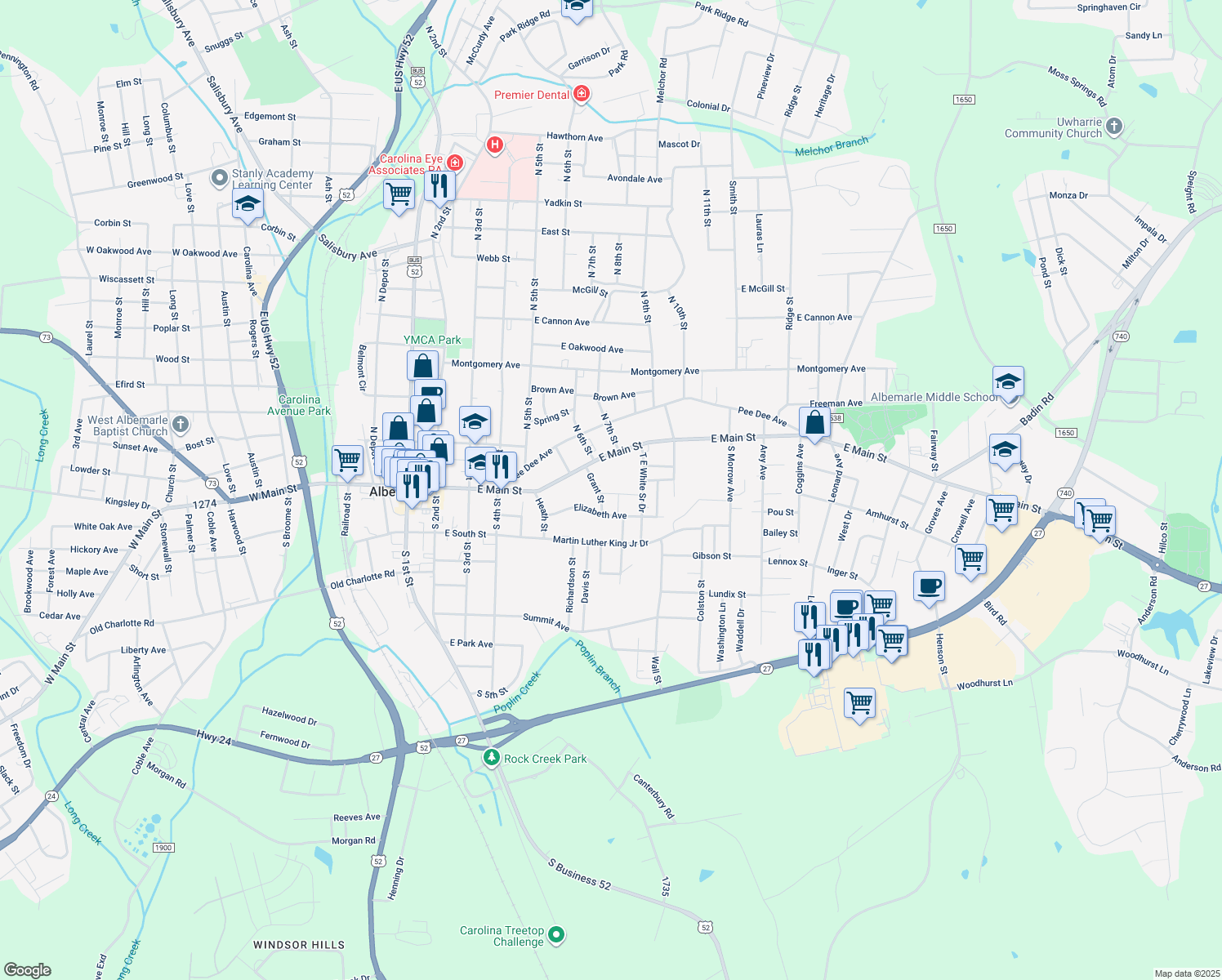 map of restaurants, bars, coffee shops, grocery stores, and more near 709 Ruby St in Albemarle