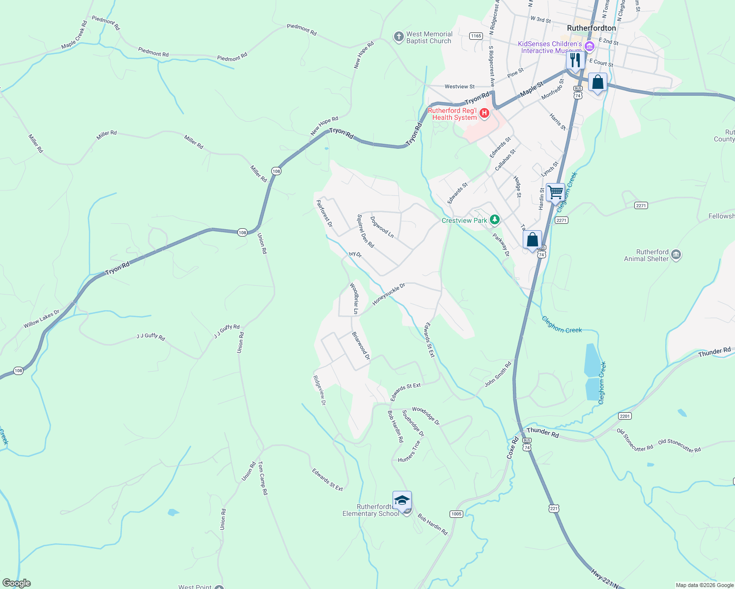 map of restaurants, bars, coffee shops, grocery stores, and more near 164 Woodbriar Lane in Rutherfordton