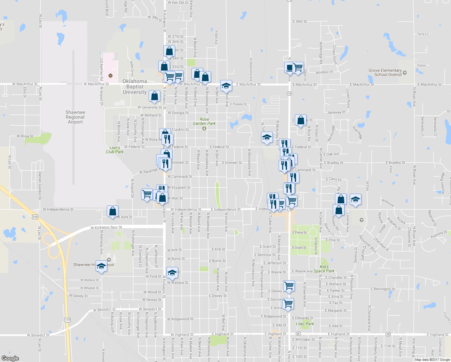 map of restaurants, bars, coffee shops, grocery stores, and more near 1722 North Union Avenue in Shawnee