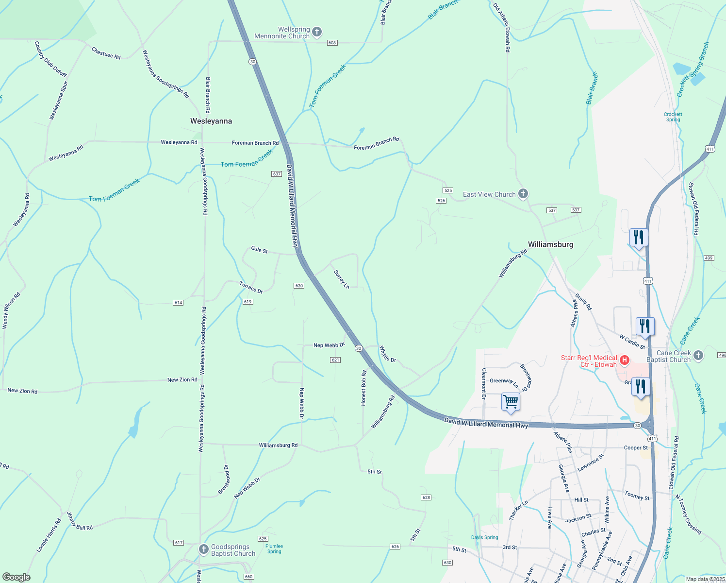 map of restaurants, bars, coffee shops, grocery stores, and more near 140 County Road 531 in Etowah