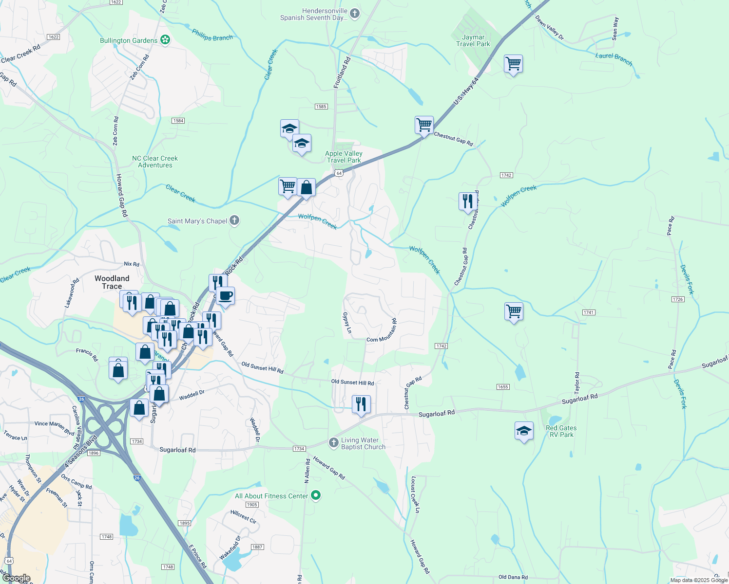 map of restaurants, bars, coffee shops, grocery stores, and more near 654 Corn Mountain Road in Hendersonville