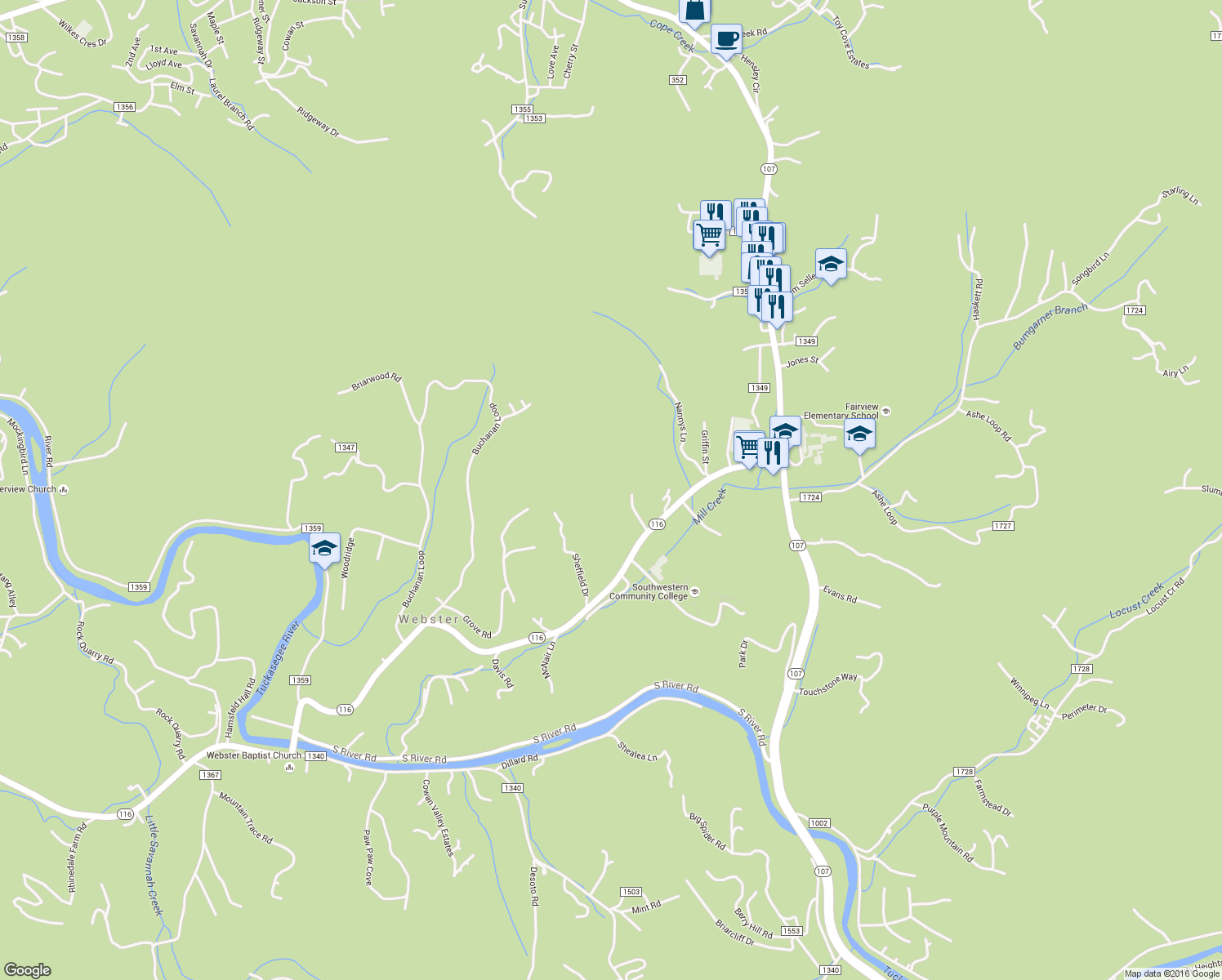 map of restaurants, bars, coffee shops, grocery stores, and more near 201 Bonnie Lane in Sylva