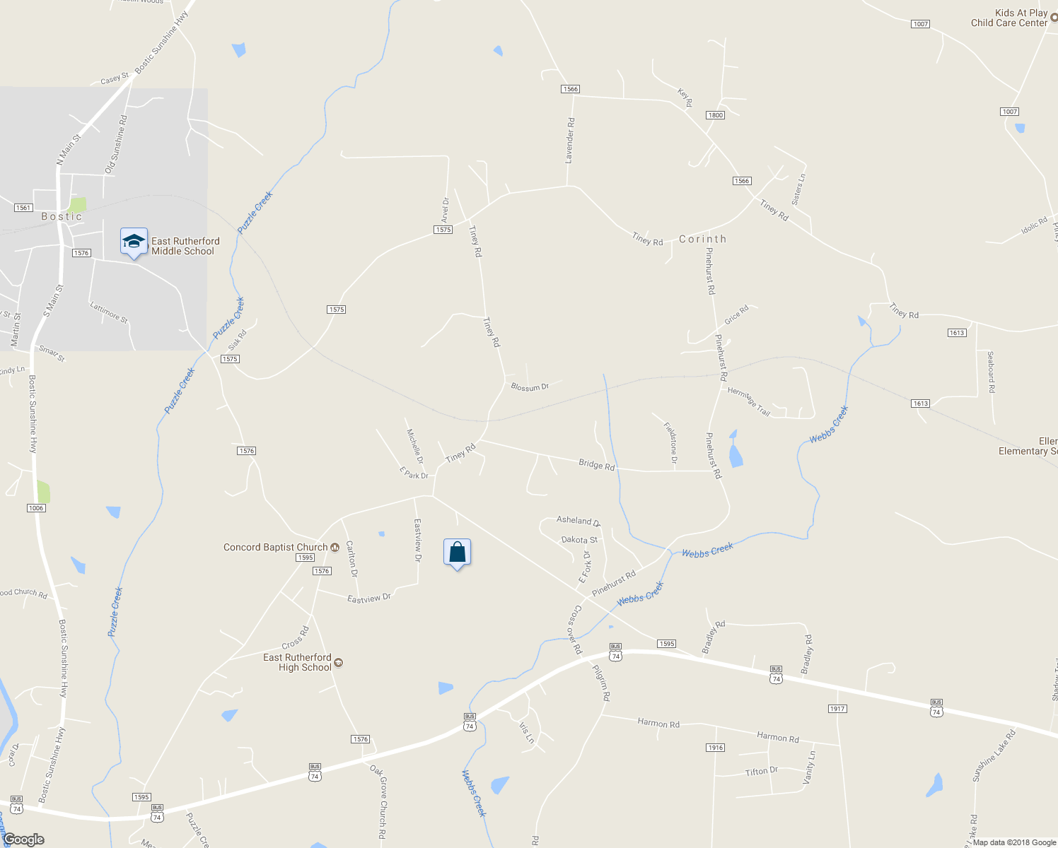 map of restaurants, bars, coffee shops, grocery stores, and more near 159 Bridge Road in Ellenboro