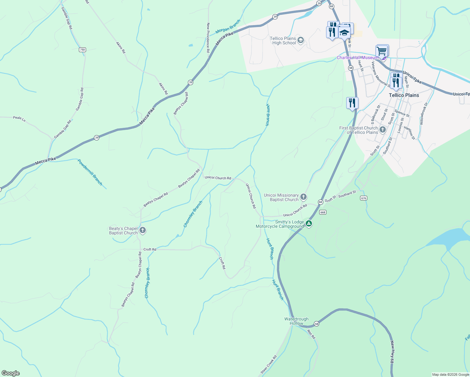 map of restaurants, bars, coffee shops, grocery stores, and more near 320 Unicoi Church Road in Tellico Plains