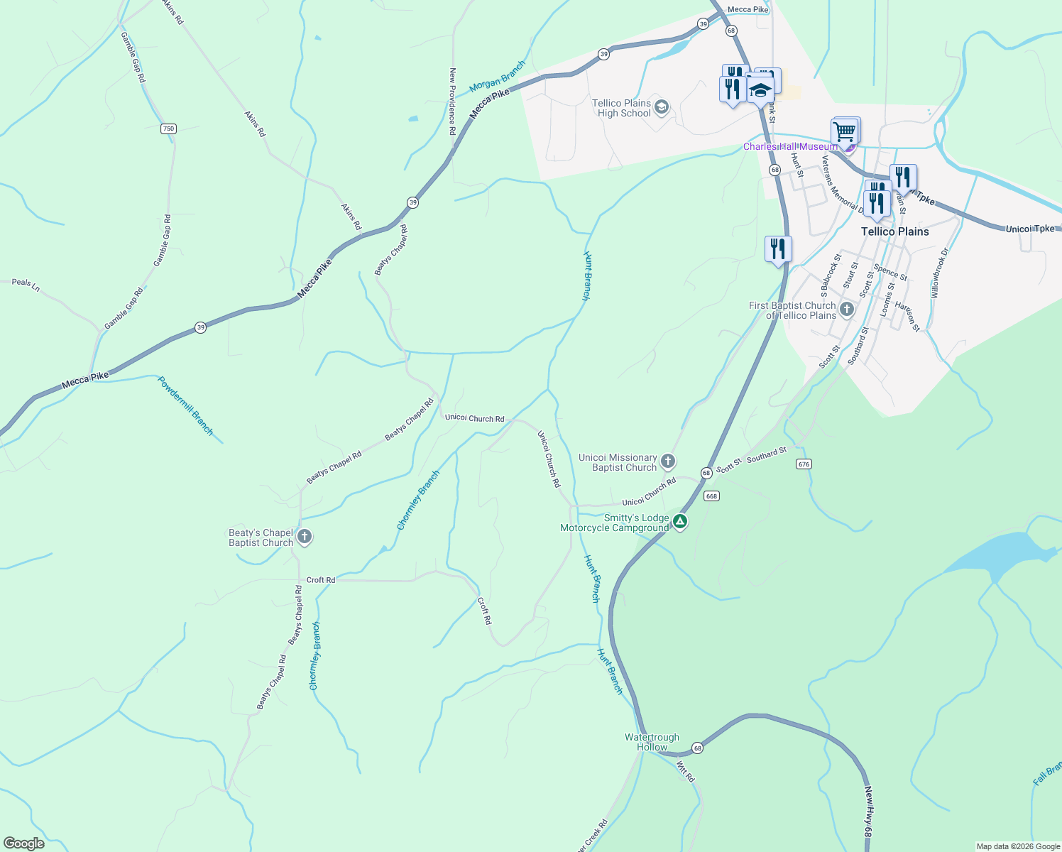 map of restaurants, bars, coffee shops, grocery stores, and more near County Road 662 in Tellico Plains