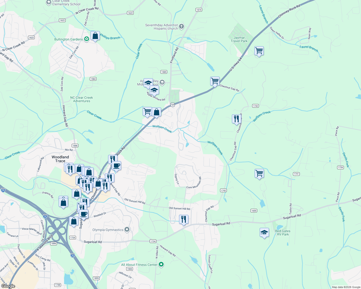 map of restaurants, bars, coffee shops, grocery stores, and more near 78 Winter Wren Circle in Hendersonville