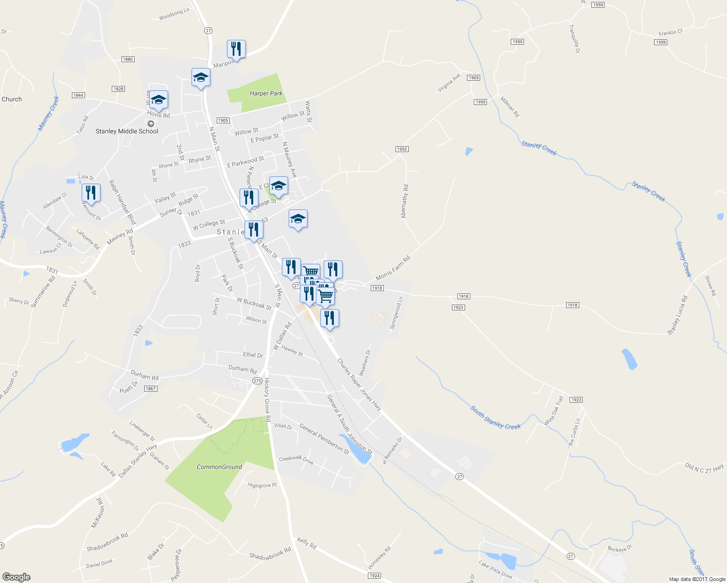 map of restaurants, bars, coffee shops, grocery stores, and more near 502 Old Mount Holly Road in Stanley
